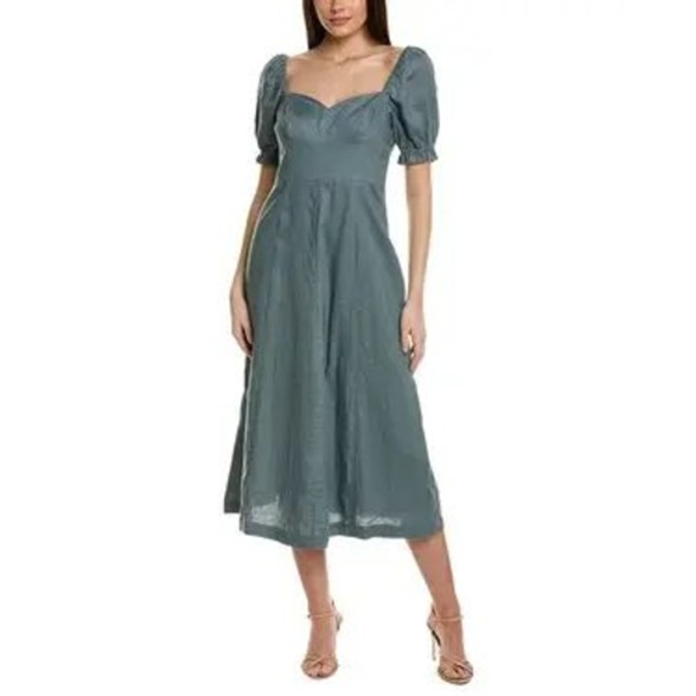 Boden Linen Sweetheart Midi Dress in Deep Sea Green/Blue, NWT, Women's US 14R - Picture 2 of 13